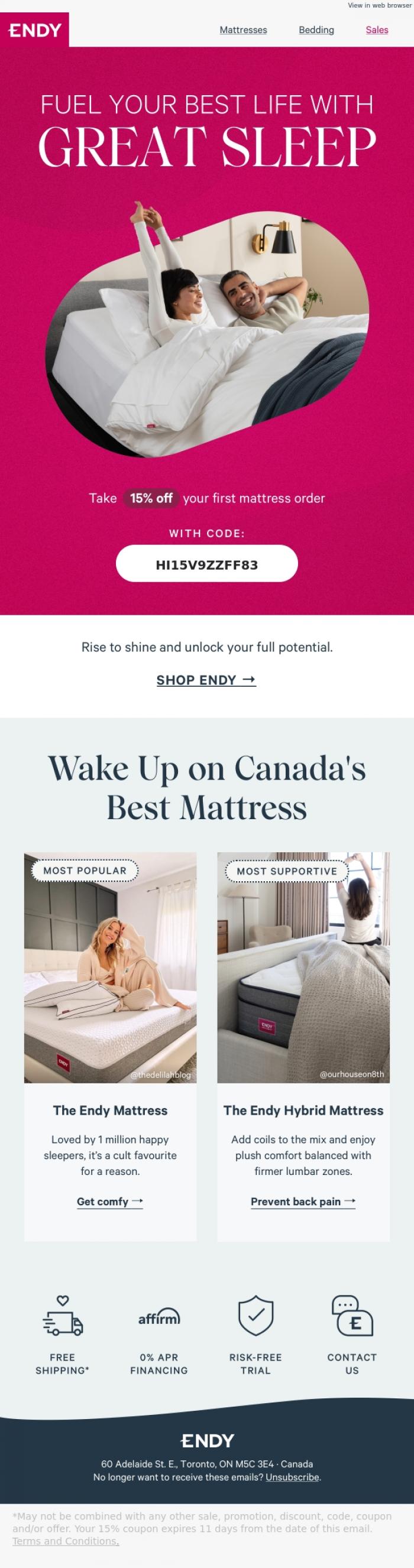 Email Design Inspiration from Endy, Welcome! Here's your 15% off code 🥳