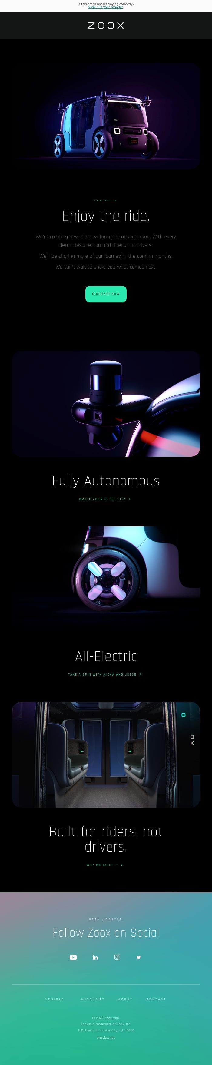 Email Design Inspiration from Zoox, Welcome to Zoox. Thanks for signing up.