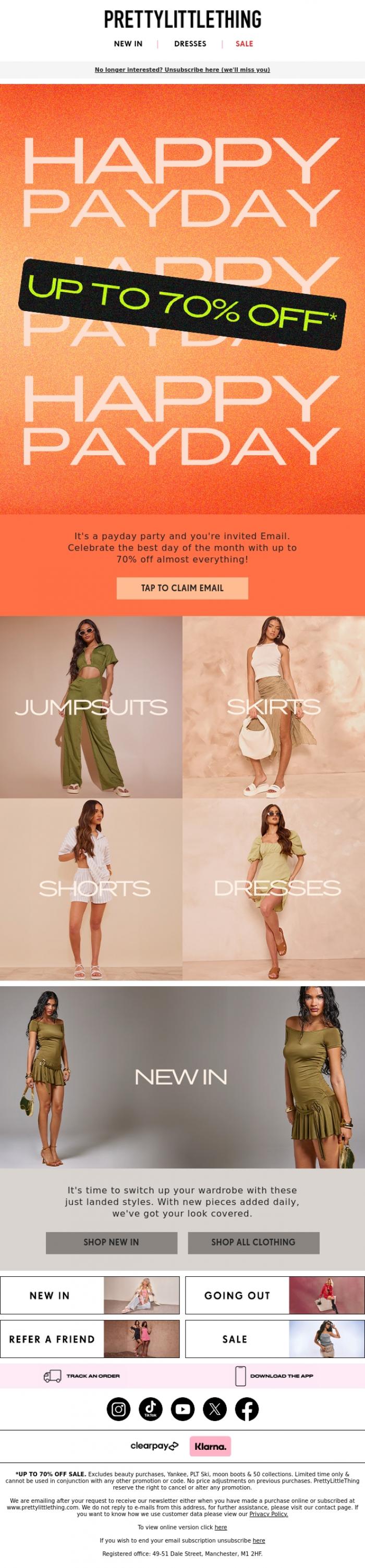 Email Design Inspiration from PrettyLittleThing Sale, Up to 70% off payday party 🤠