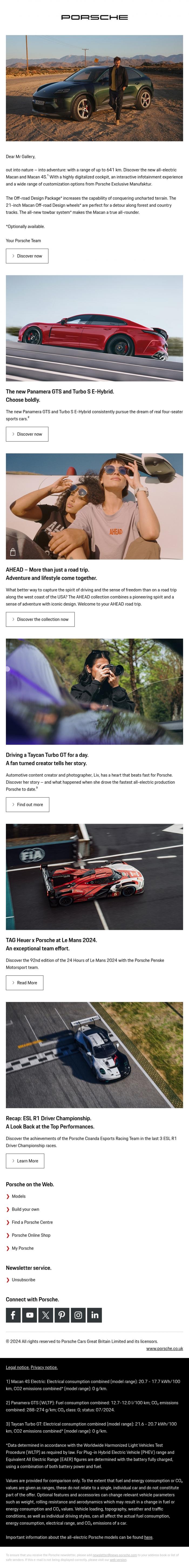 Email Design Inspiration from Porsche Life, Dear Mr Gallery, discover the new Macan Electric models.