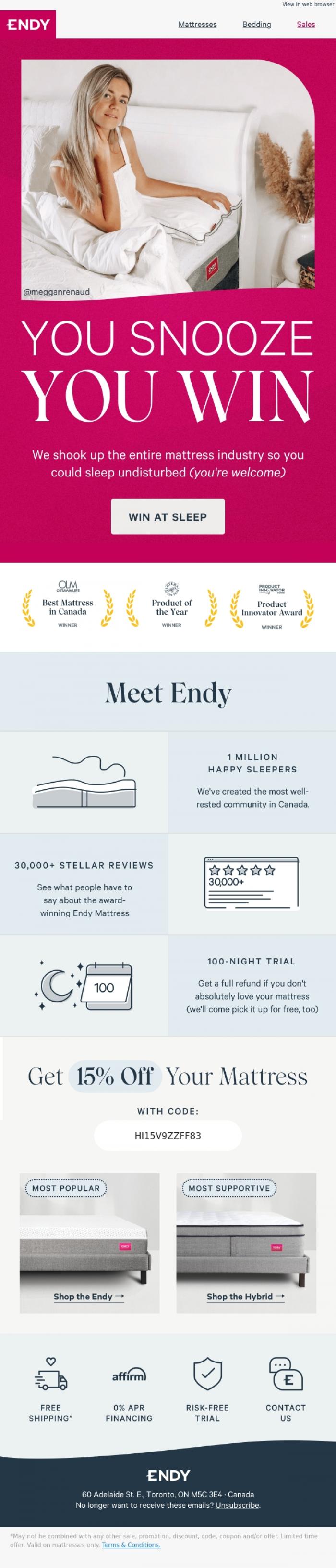 Email Design Inspiration from Endy, Become a champion of sleep 🏆