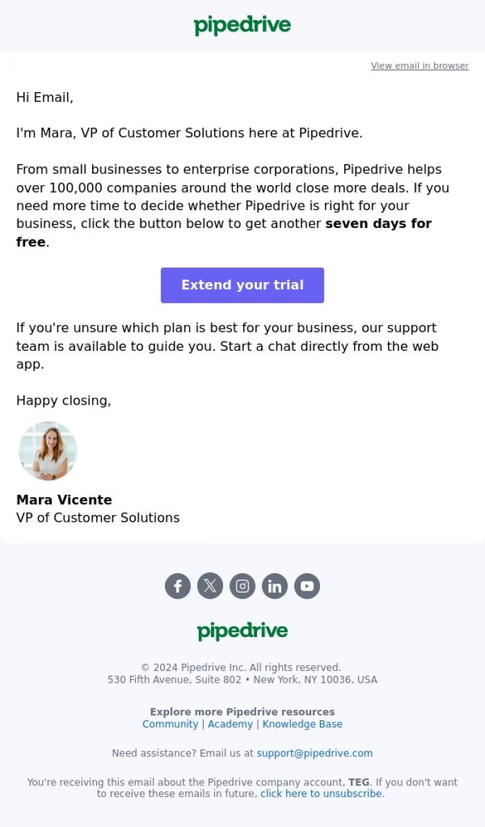 Email Design Inspiration from Mara from Pipedrive, Need more time to decide? Enjoy 7 more days for free