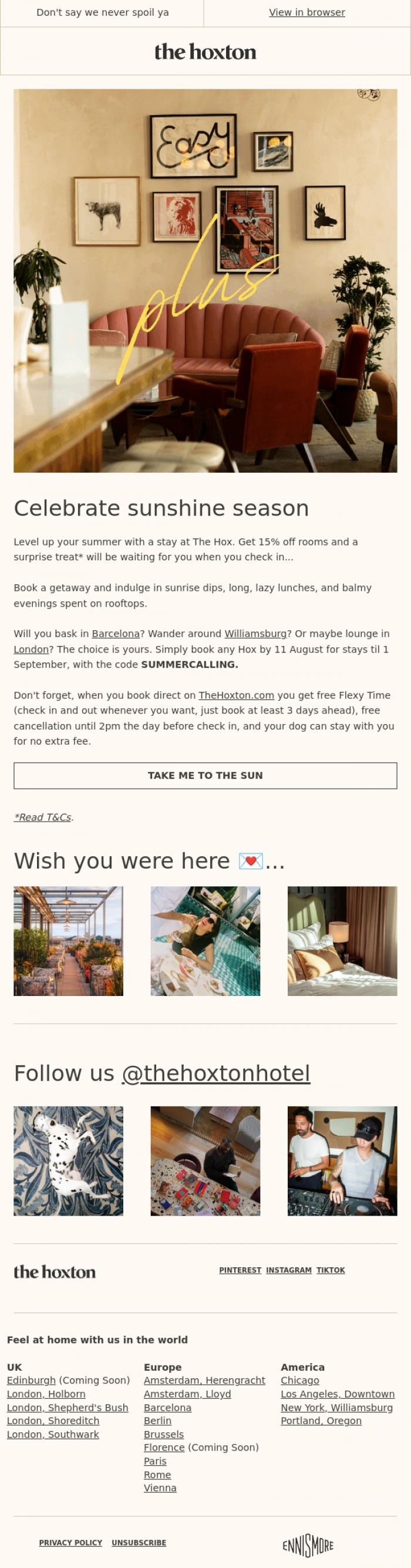Email Design Inspiration from Olivia from The Hoxton, 15% off + a surprise treat on us