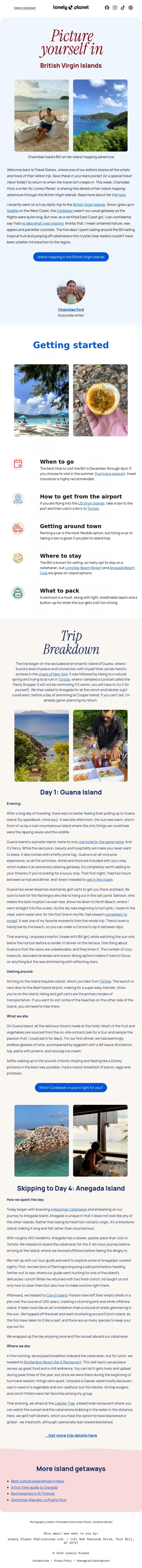 Email Design Inspiration from Chamidae from Lonely Planet, Travel Diaries: Island hopping in the British Virgin Islands