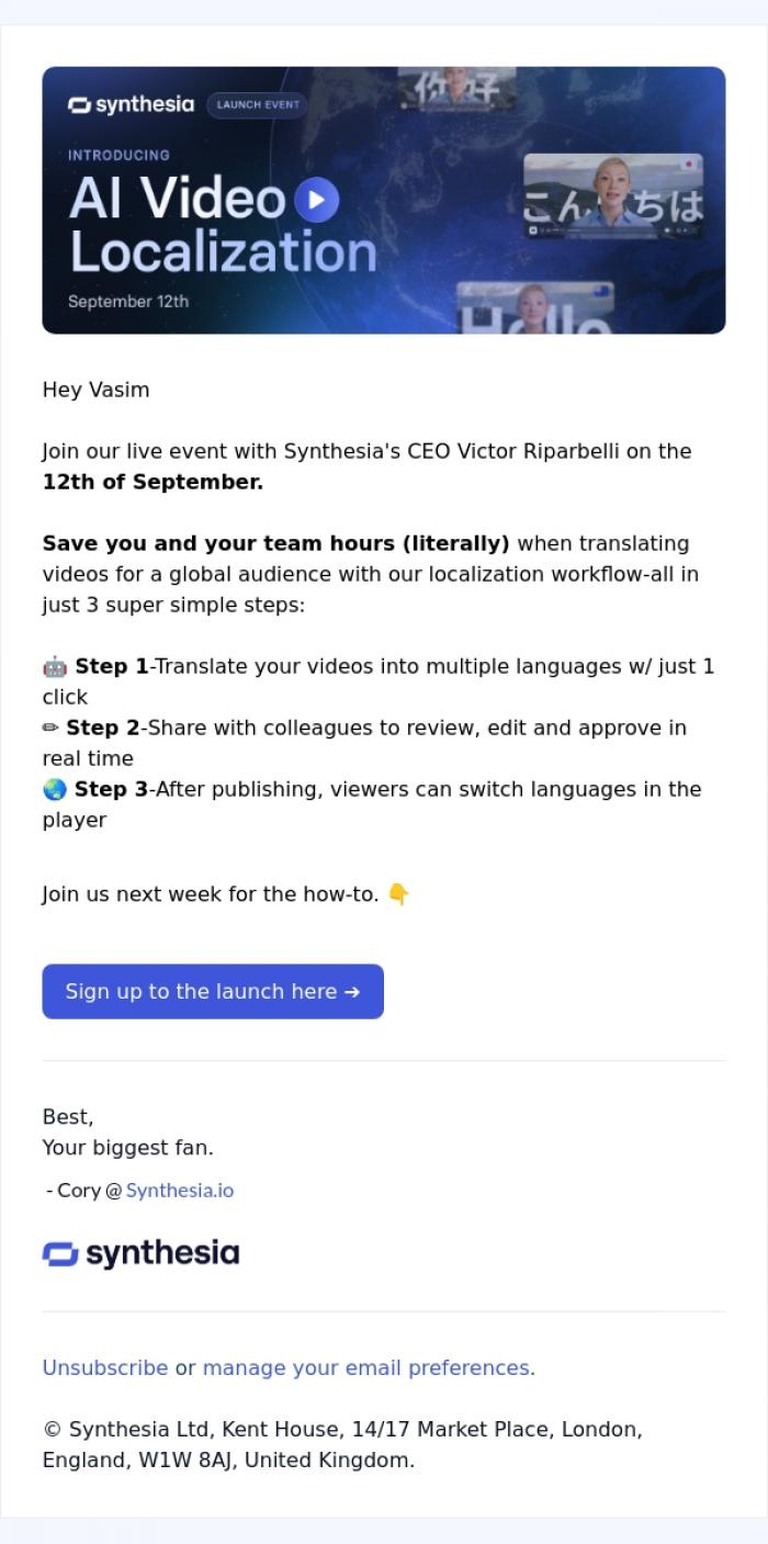 Email Design Inspiration from Cory from Synthesia, ☝️ [Next Week] Localization Launch