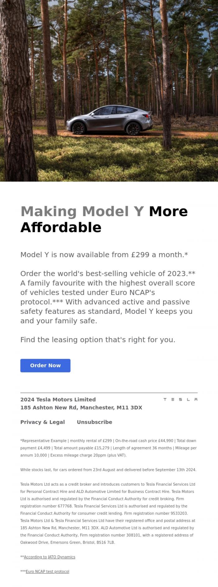 Email Design Inspiration from Tesla, Model Y from &pound;299 a month