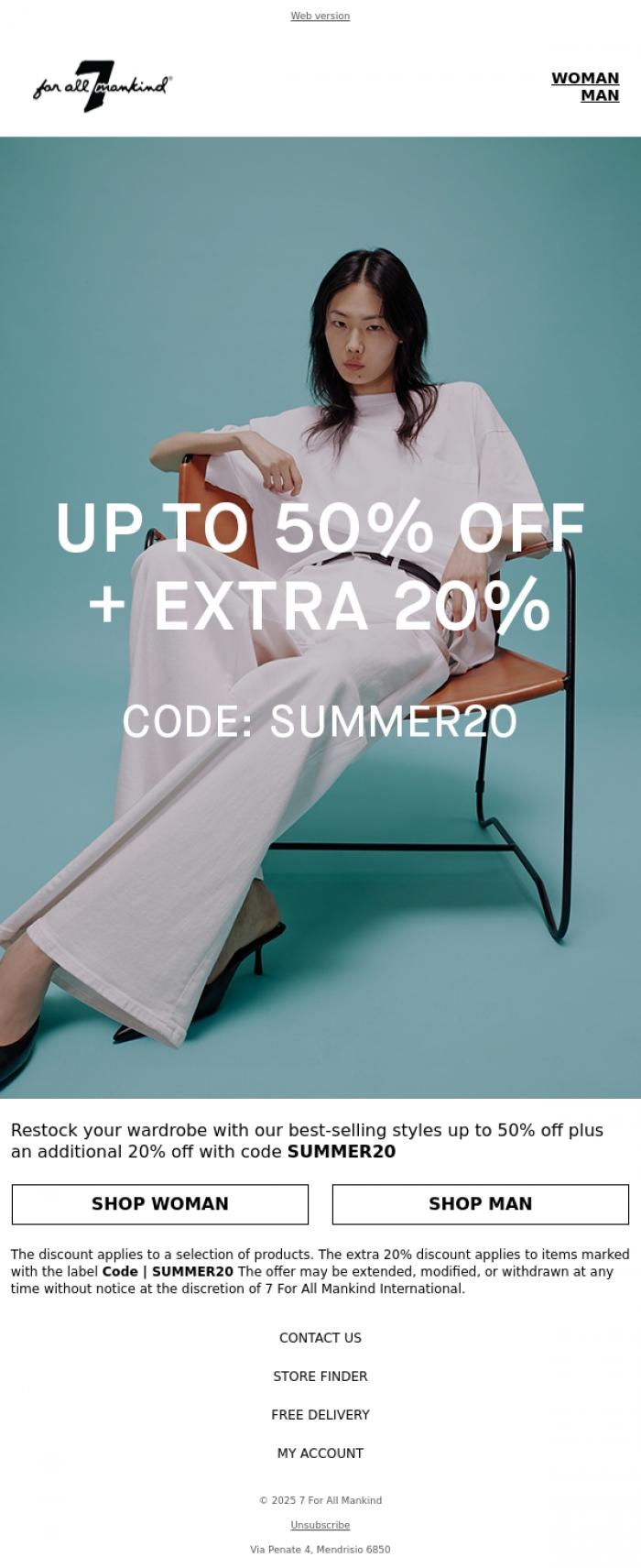 Email Design Inspiration from 7 For All Mankind, Up to 50% off + Extra 20%