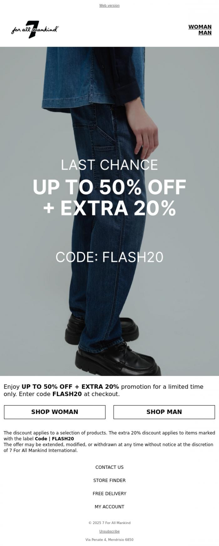 Email Design Inspiration from 7 For All Mankind, EXTRA 20% OFF for a limited time only
