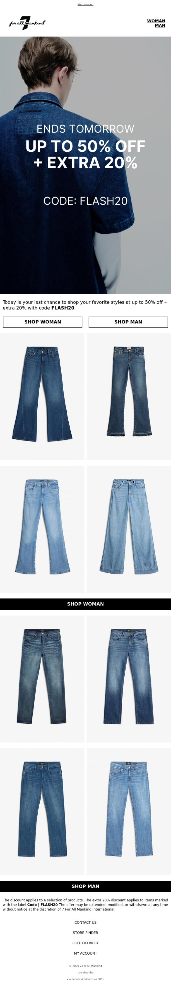 Email Design Inspiration from 7 For All Mankind, EXTRA 20% OFF ends tomorrow