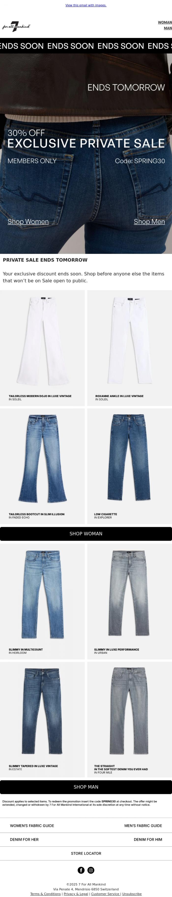 Email Design Inspiration from 7 For All Mankind, The Private Sale Ends Tomorrow