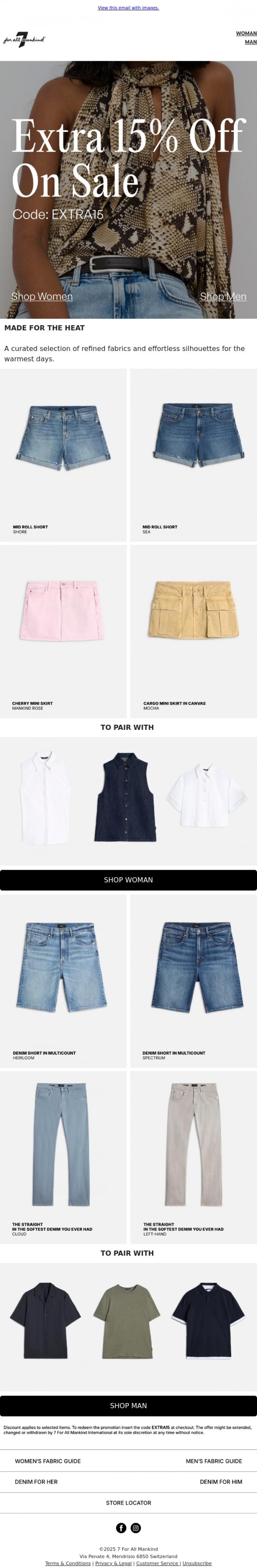 Email Design Inspiration from 7 For All Mankind, Extra 15% off on your heatproof wardrobe