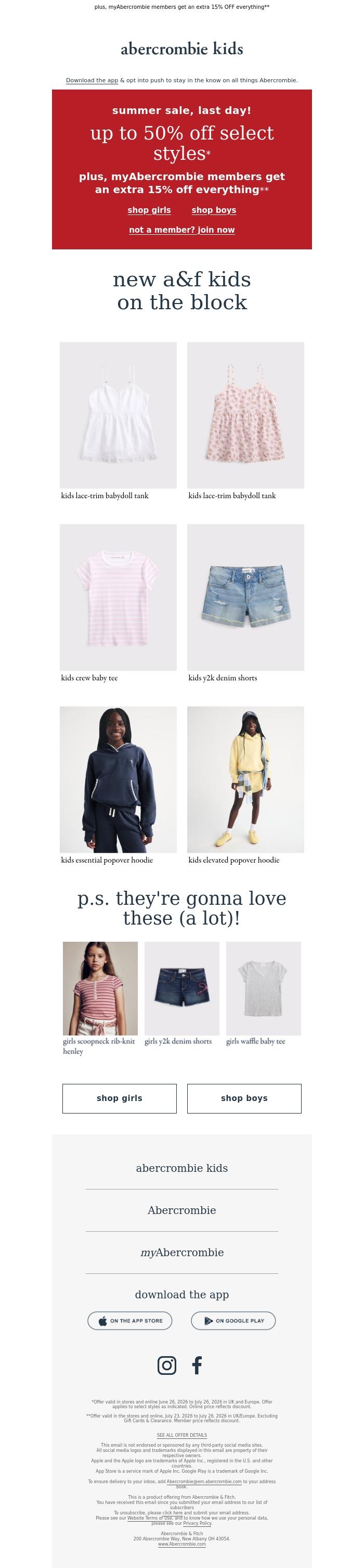 Email Design Inspiration from a&f kids, ends today: up to 50% OFF select styles*