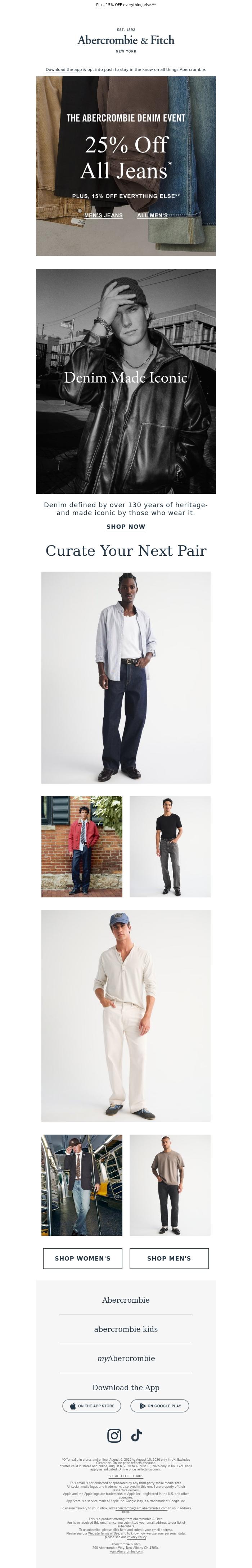 Email Design Inspiration from a&f kids, A&F DENIM EVENT | 25% OFF ALL JEANS*