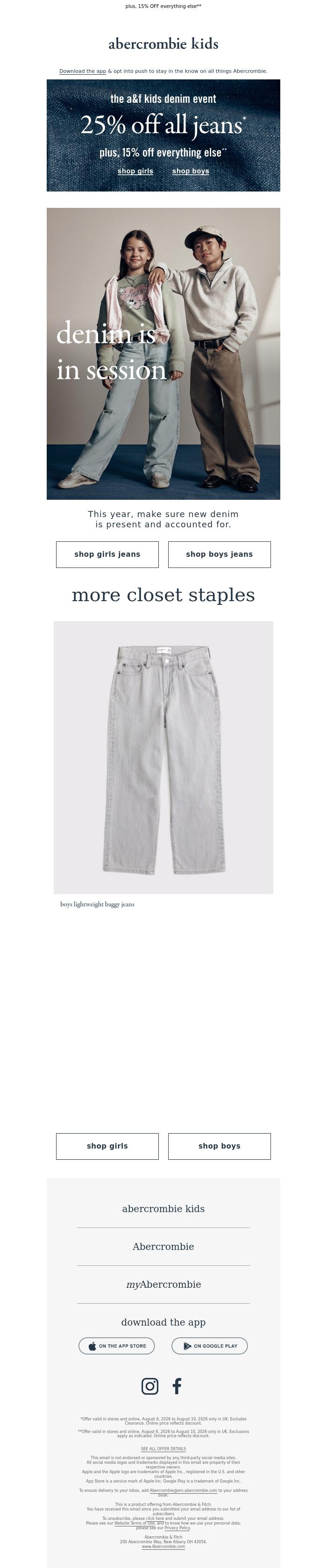Email Design Inspiration from a&f kids, don't miss out! 25% OFF all jeans* 👖