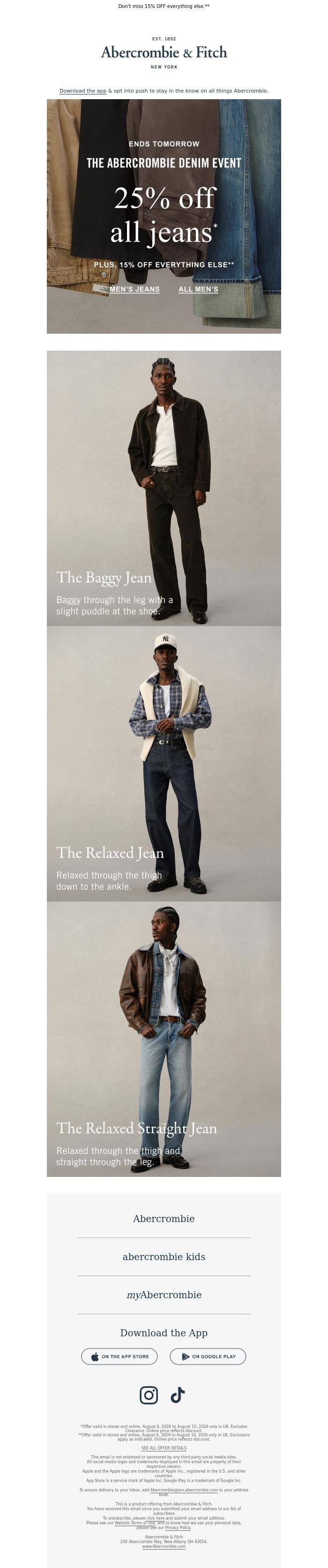 Email Design Inspiration from a&f kids, LAST CALL: 25% OFF all jeans.*