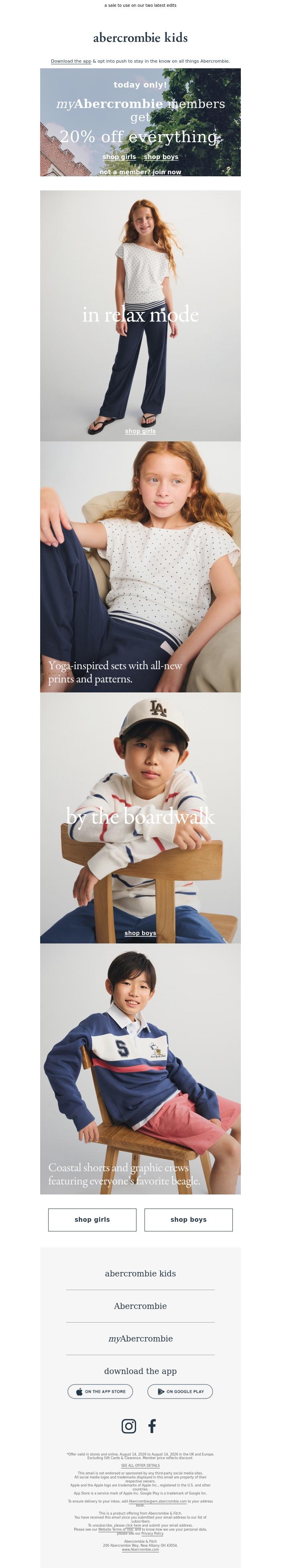 Email Design Inspiration from a&f kids, today only! myAbercrombie members get 20% OFF everything*