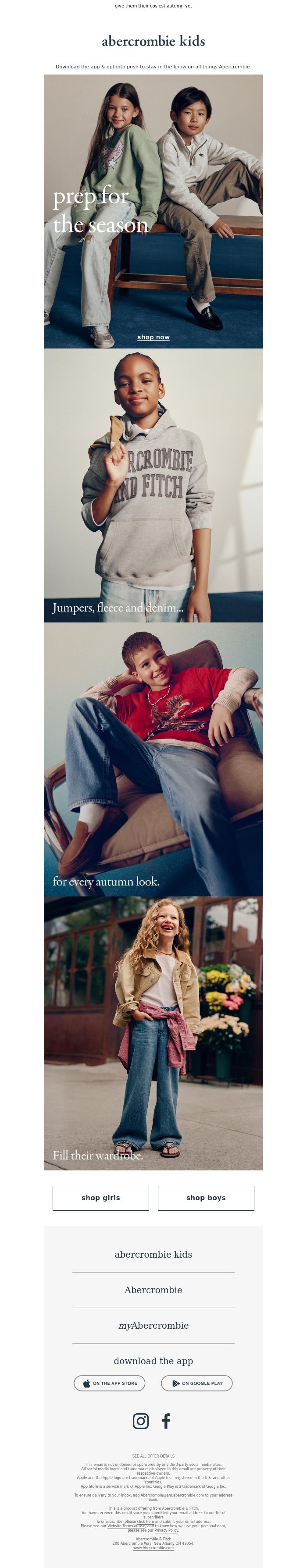 Email Design Inspiration from a&f kids, weather-ready jumpers, fleece & denim &rarr;