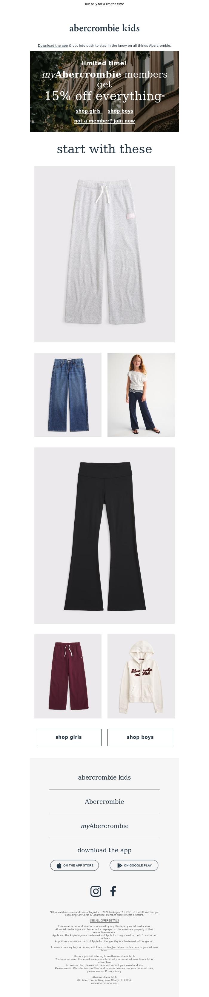 Email Design Inspiration from a&f kids, myAbercrombie members get 15% off EVERYTHING*