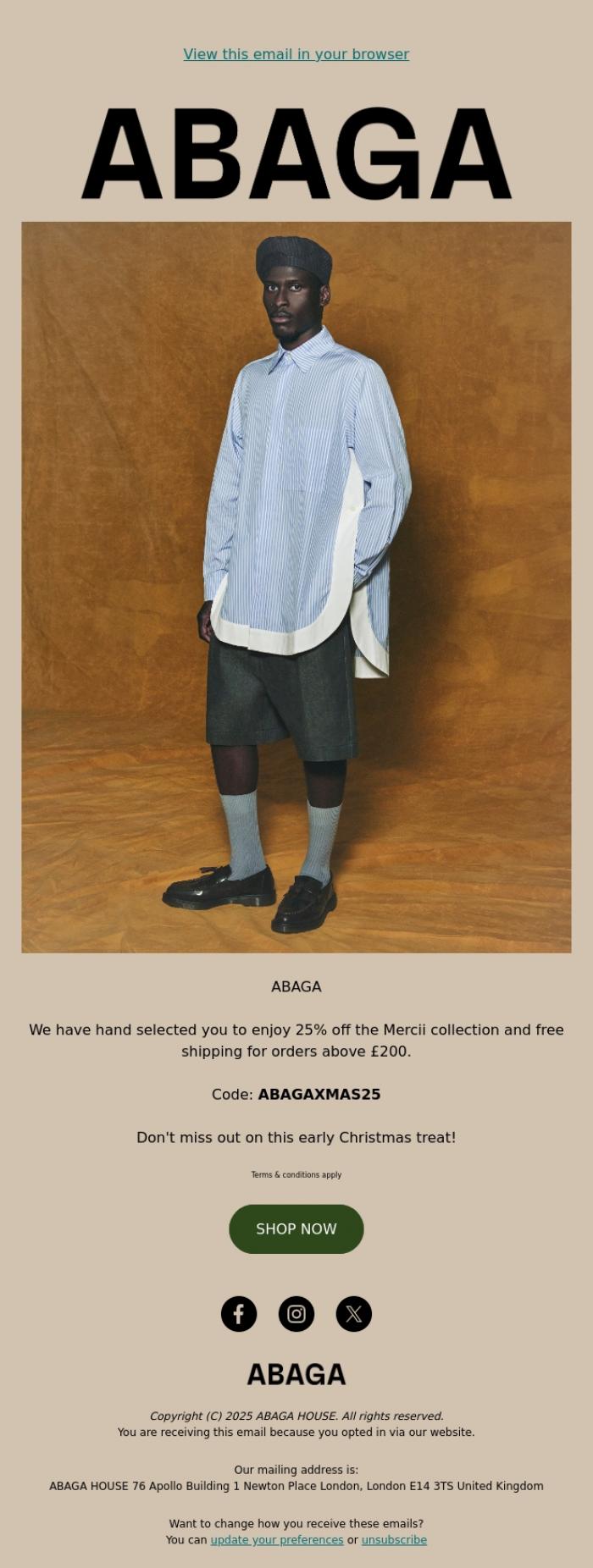Email Design Inspiration from ABAGA HOUSE, Save 25% and Enjoy Free Delivery This Holiday