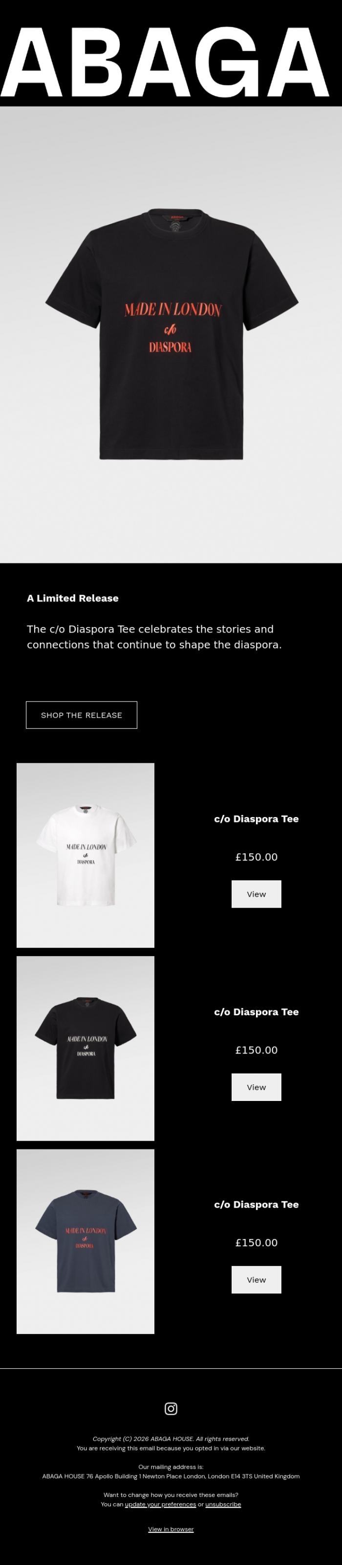 Email Design Inspiration from ABAGA HOUSE, c/o Disapora Tee