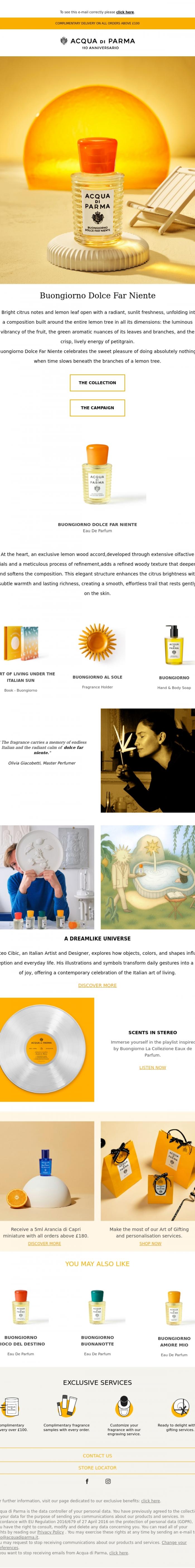 Email Design Inspiration from Acqua di Parma, Buongiorno Dolce Far Niente: the new Eau de Parfum