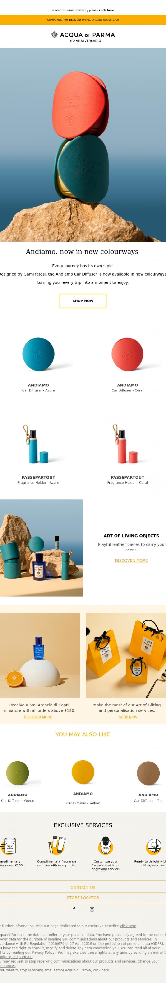 Email Design Inspiration from Acqua di Parma, Andiamo car diffusers, new colours for the season
