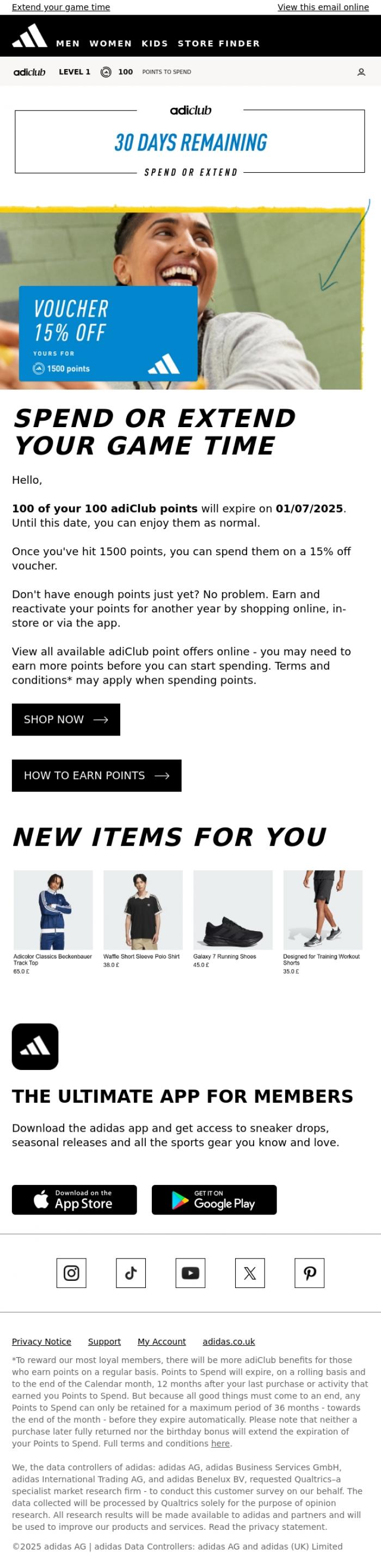 Email Design Inspiration from adidas, Spend or extend your game time