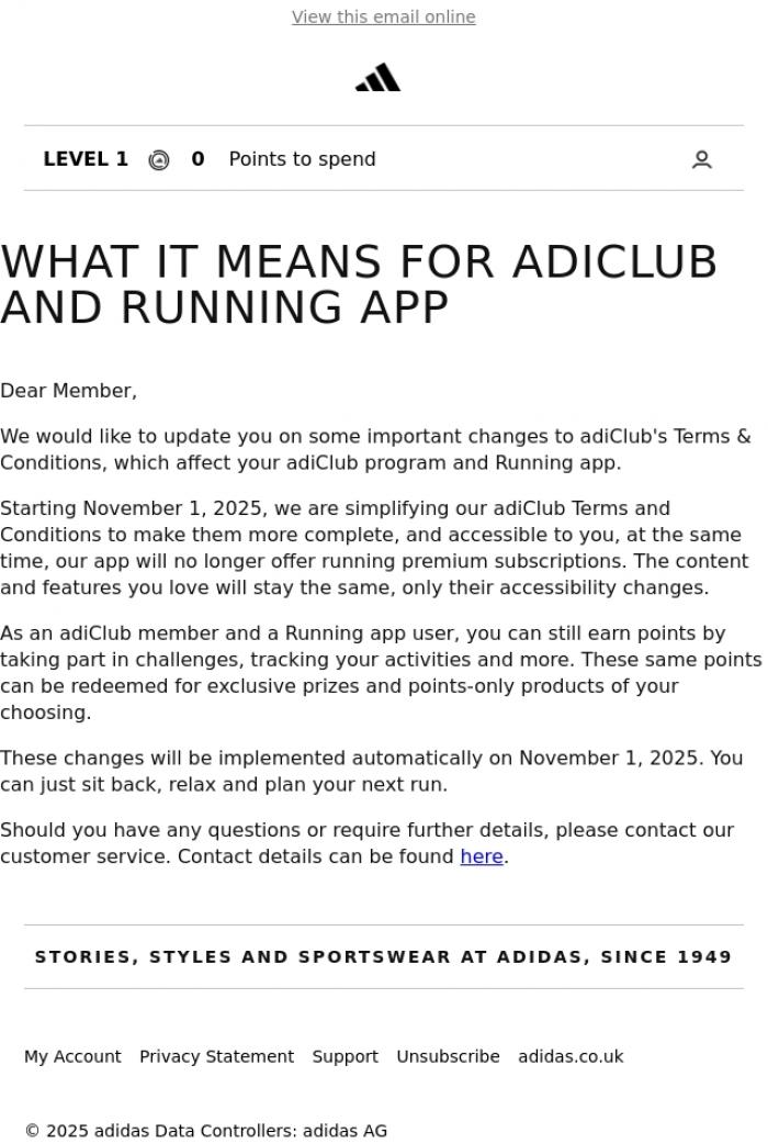 Email Design Inspiration from adidas, Changes to your adiClub Terms & Conditions