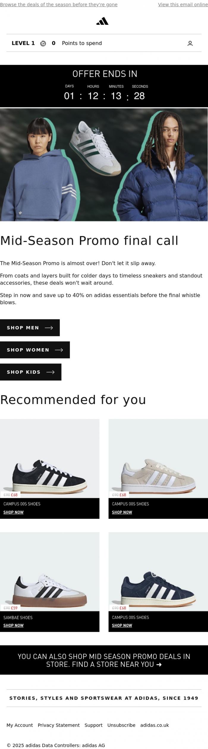 Email Design Inspiration from adidas, Promo ends soon - Up to 40% off