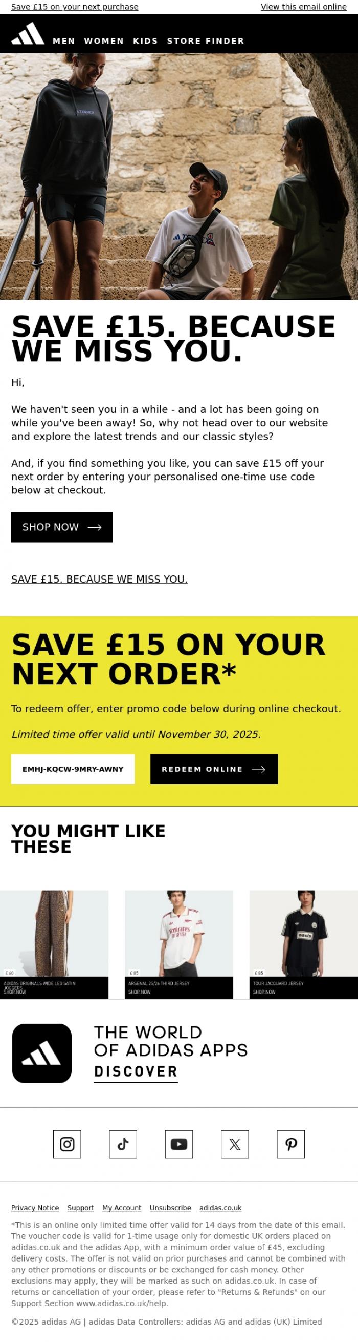 Email Design Inspiration from adidas, We miss you