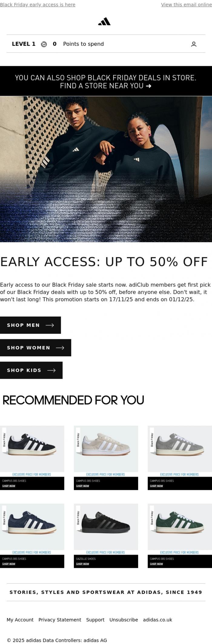 Email Design Inspiration from adidas, UP TO 50% OFF: online and in-store