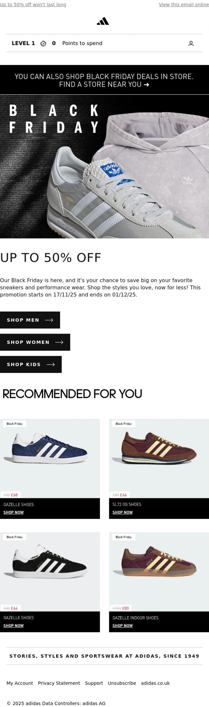 Email Design Inspiration from adidas, Black Friday offers you can't miss