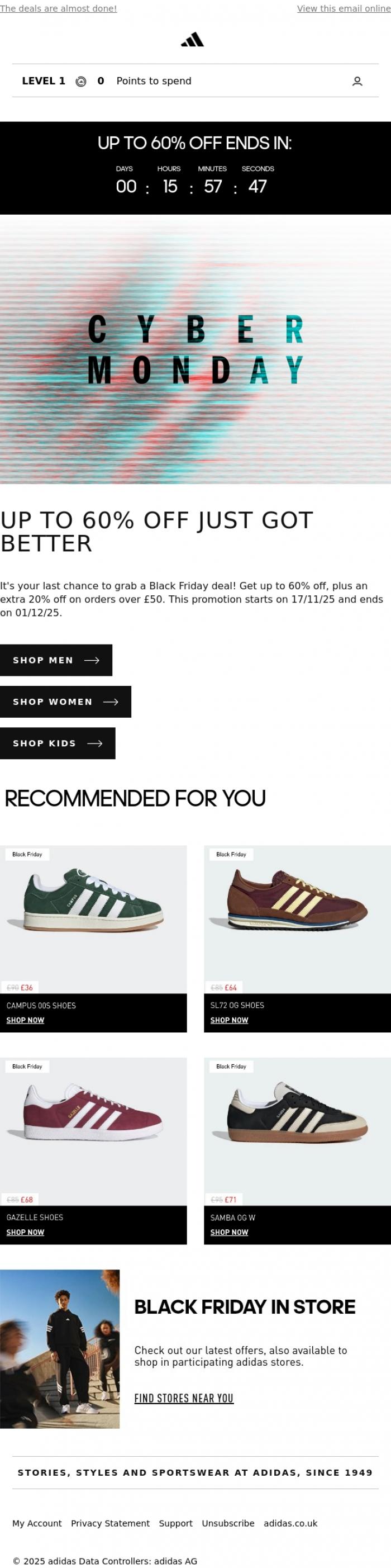 Email Design Inspiration from adidas, Your last chance to get up to 60% off