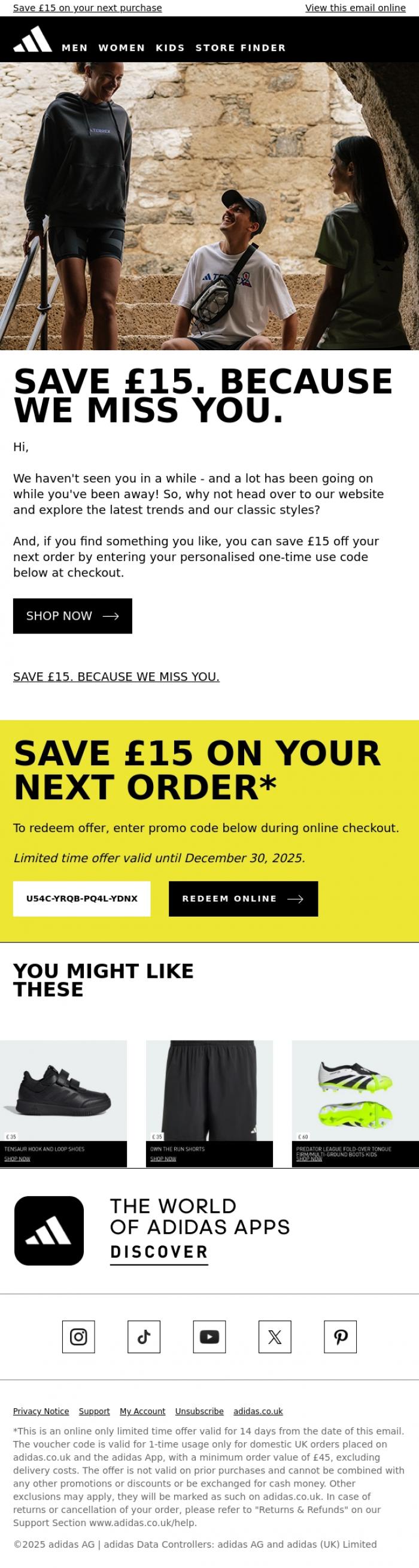 Email Design Inspiration from adidas, We miss you
