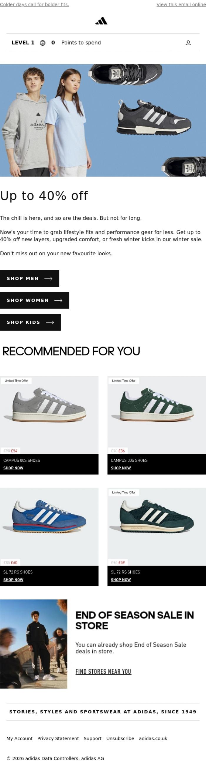 Email Design Inspiration from adidas, Up to 40% off selected Winter Finds