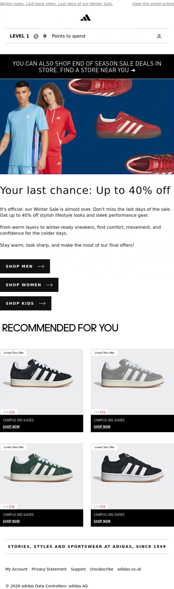 Email Design Inspiration from adidas, Up to 40% off ends soon