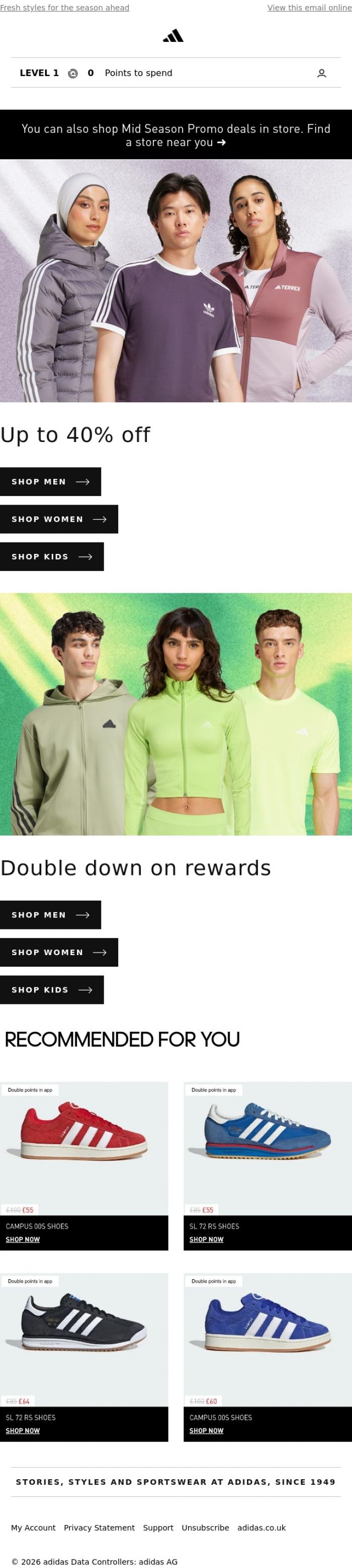 Email Design Inspiration from adidas, Up to 40% off for spring and summer
