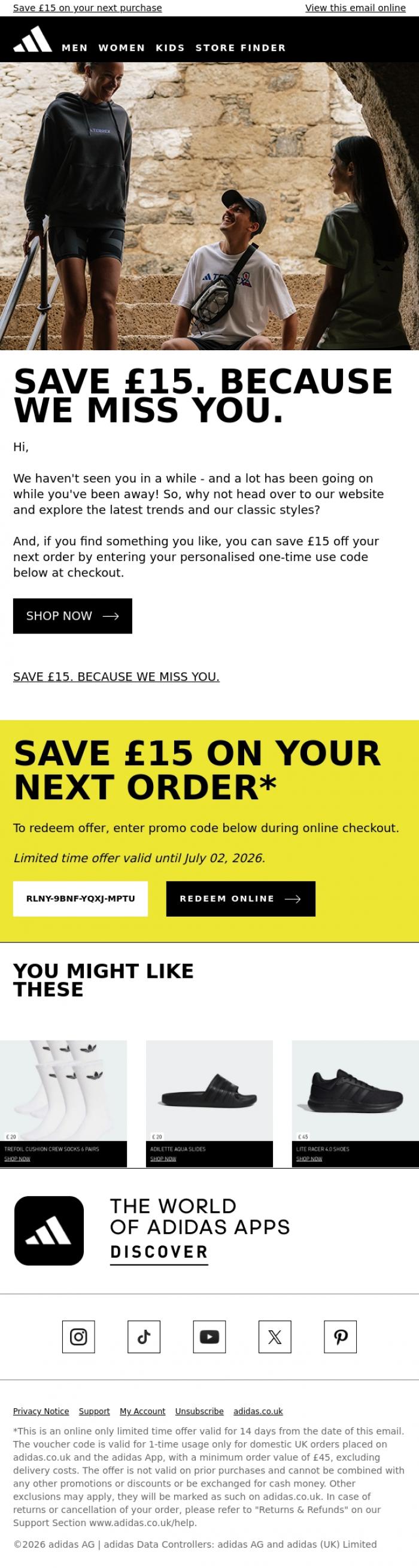 Email Design Inspiration from adidas, We miss you