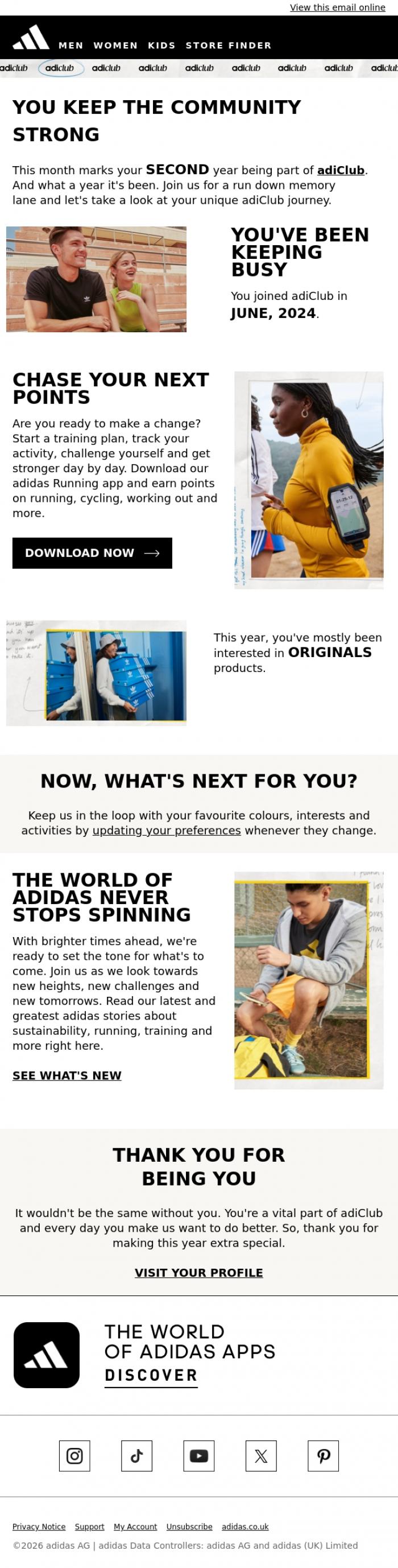 Email Design Inspiration from adidas, It's your adiClub anniversary!&nbsp;🎉