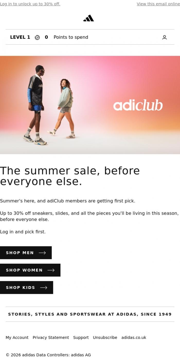 Email Design Inspiration from adidas, Up to 30% off: adiClub Early Access