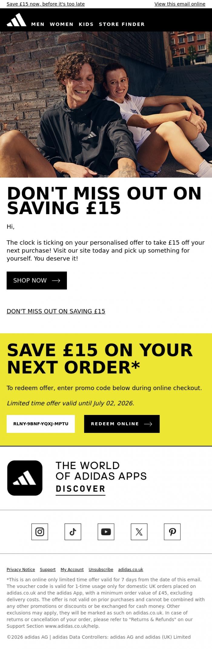 Email Design Inspiration from adidas, Don't forget your offer
