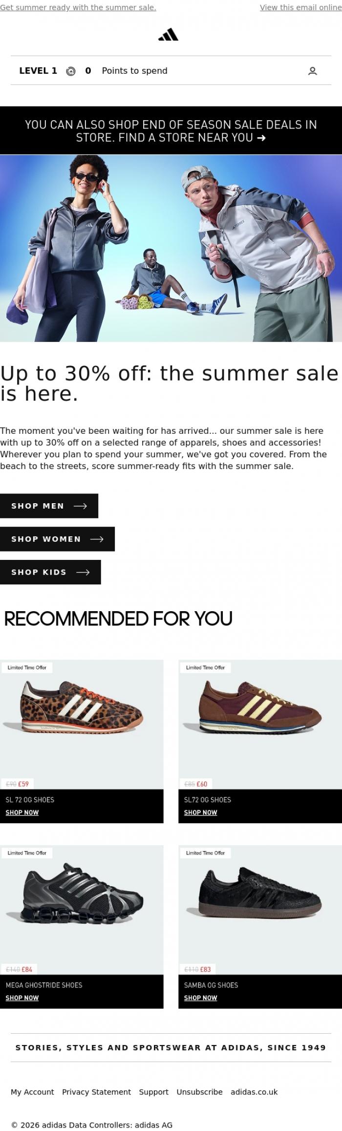 Email Design Inspiration from adidas, Get up to 30% off, online and in store