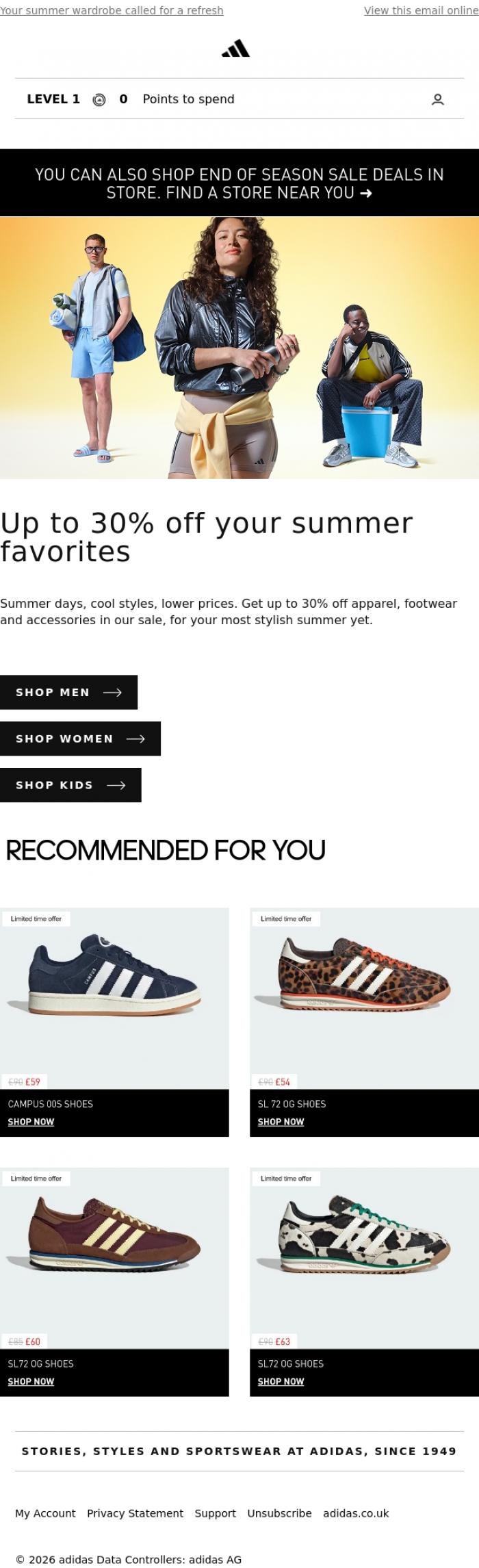 Email Design Inspiration from adidas, Fresh summer picks at up to 30% off