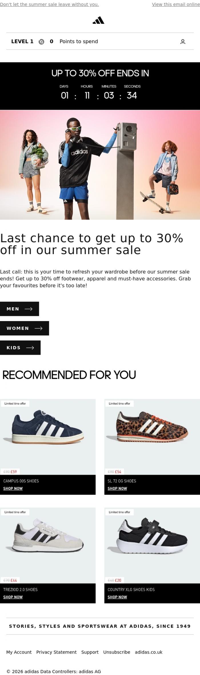Email Design Inspiration from adidas, Final sale days: up to 30% off