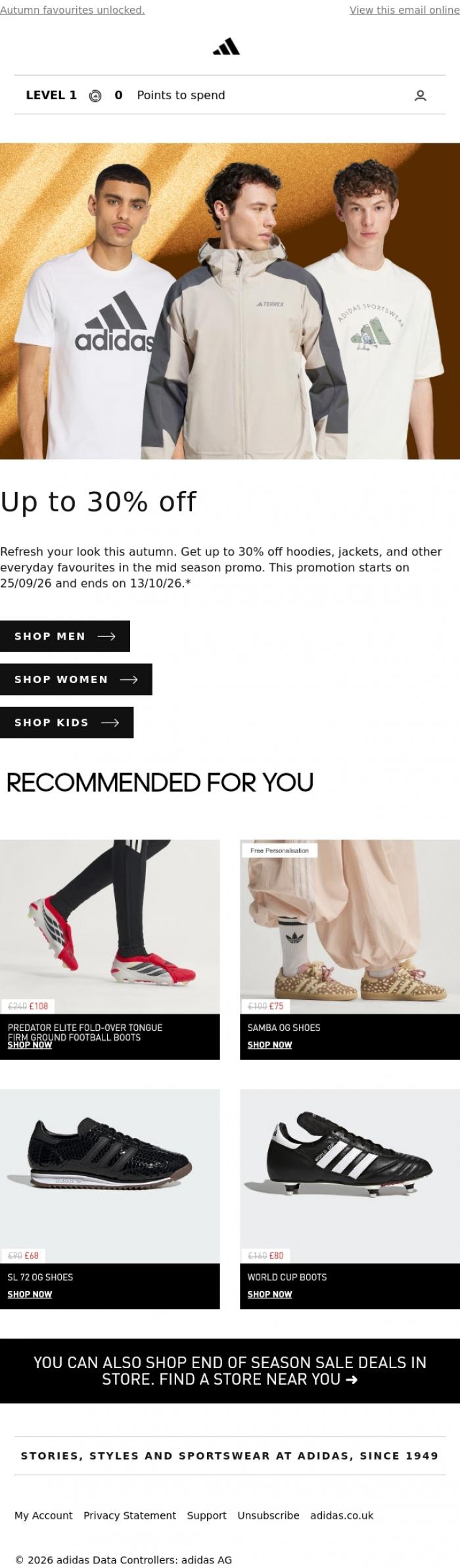 Email Design Inspiration from adidas, Up to 30% off autumn styles online and in-store