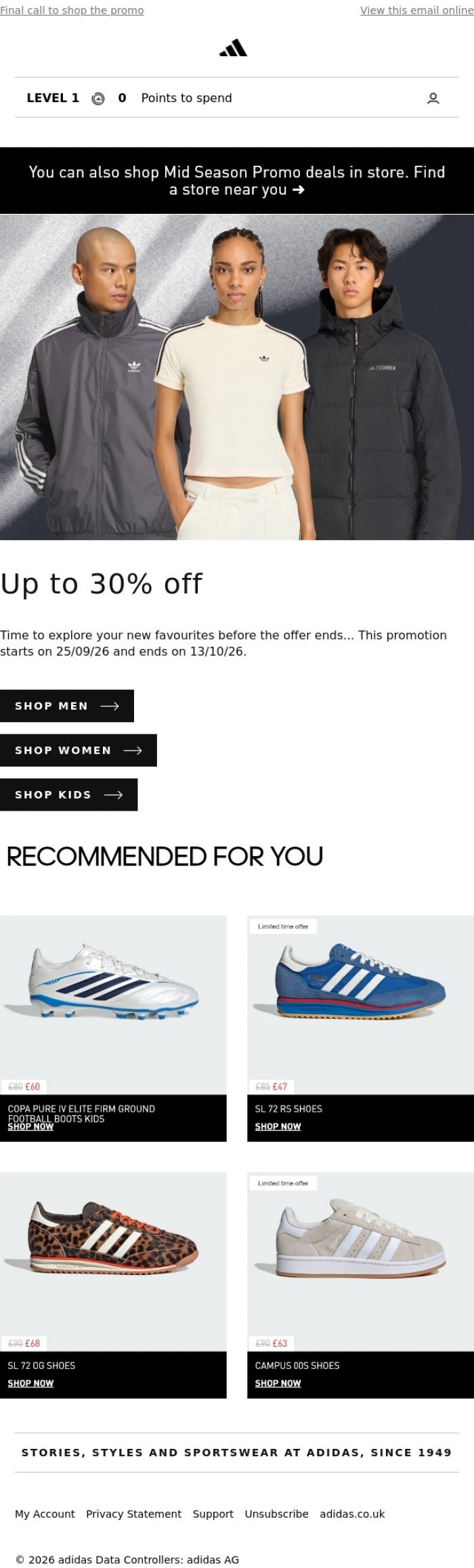 Email Design Inspiration from adidas, Final days to save up to 30%