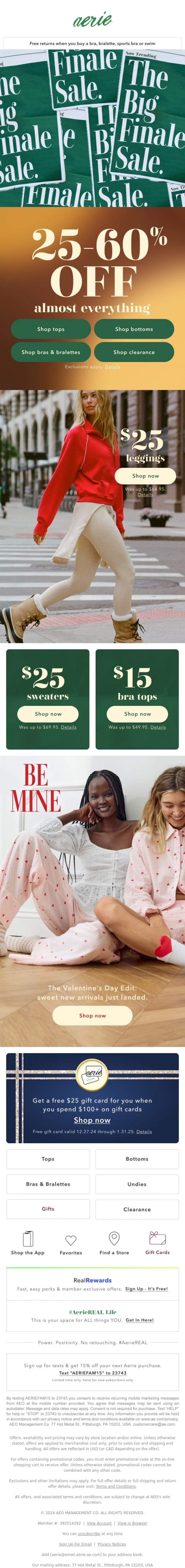Email Design Inspiration from Aerie's Labor Day Sale, THE BIG FINALE SALE! 25-60% off (almost) everything including new arrivals