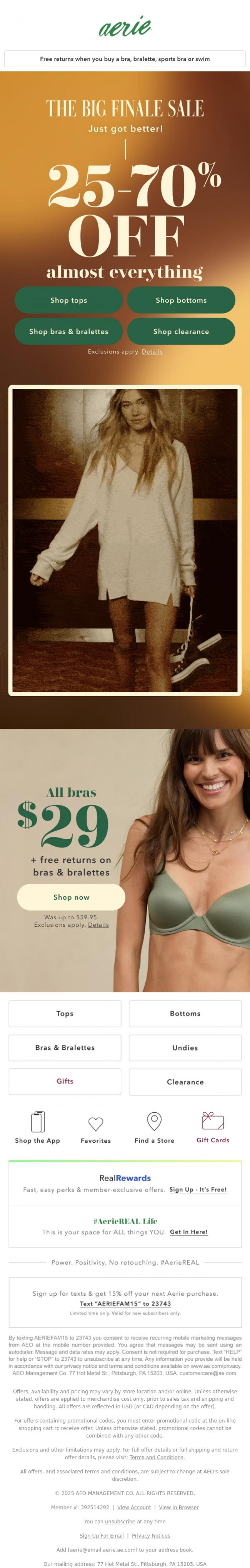 Email Design Inspiration from Aerie's Labor Day Sale, Big Finale Sale, THE SEQUEL! 🎬 These deals just got BETTER!