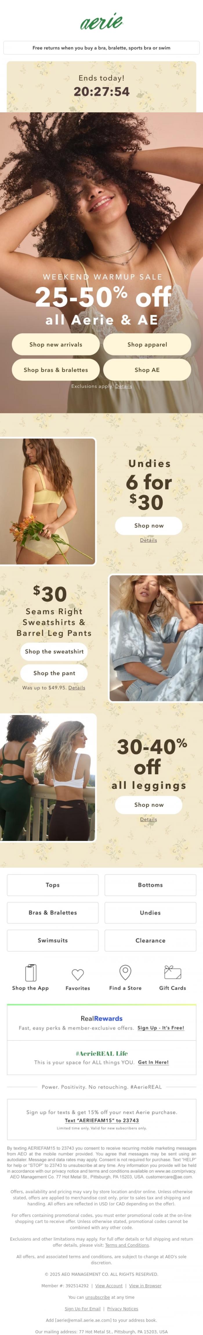 Email Design Inspiration from Aerie's Labor Day Sale, ENDS TODAY! 25-50% off all Aerie & AE