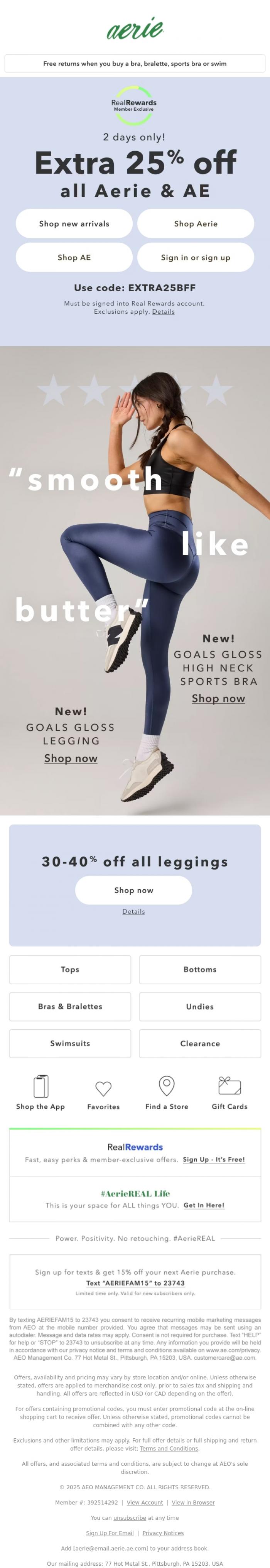 Email Design Inspiration from Aerie's Labor Day Sale, Extra 25% off all Aerie & AE! Early access just for Real Rewards members 💚